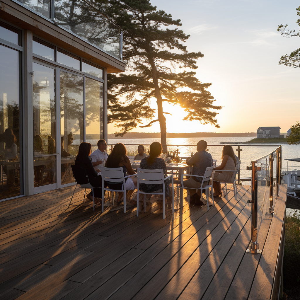 family sitting at tabler on outdoor deck with glass railings overlooking the sunset