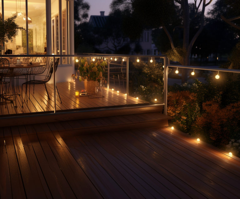 Glass deck railings at night with ,lights and showing the back yard in the background