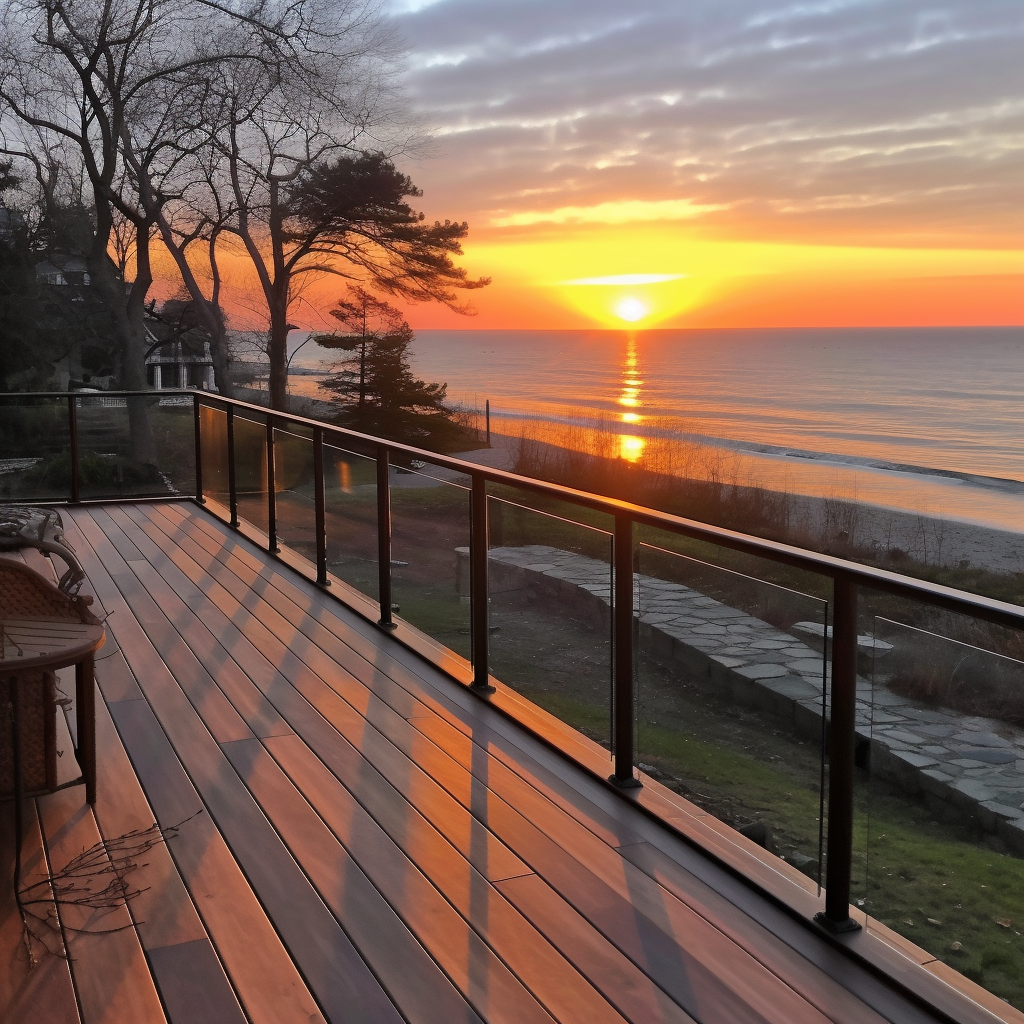 Sunrise view from deck with glass railings